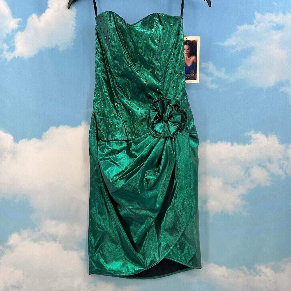 VINTAGE Gunne Sax Jessica McClintock Strapless Green Satin Short Sequin 3/4 NEW